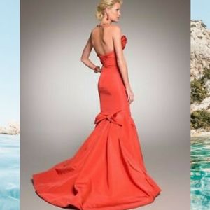 ♧$8,000 OSCAR DE LA RENTA PICASSO CORAL SILK BOW TRAIN RUNWAY GOWN XL 14